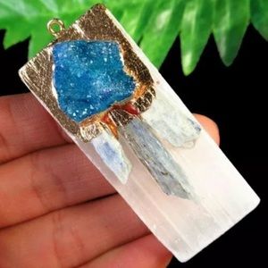 Natural 24ktGoldDipped Selenite a,Kyanite Pendant